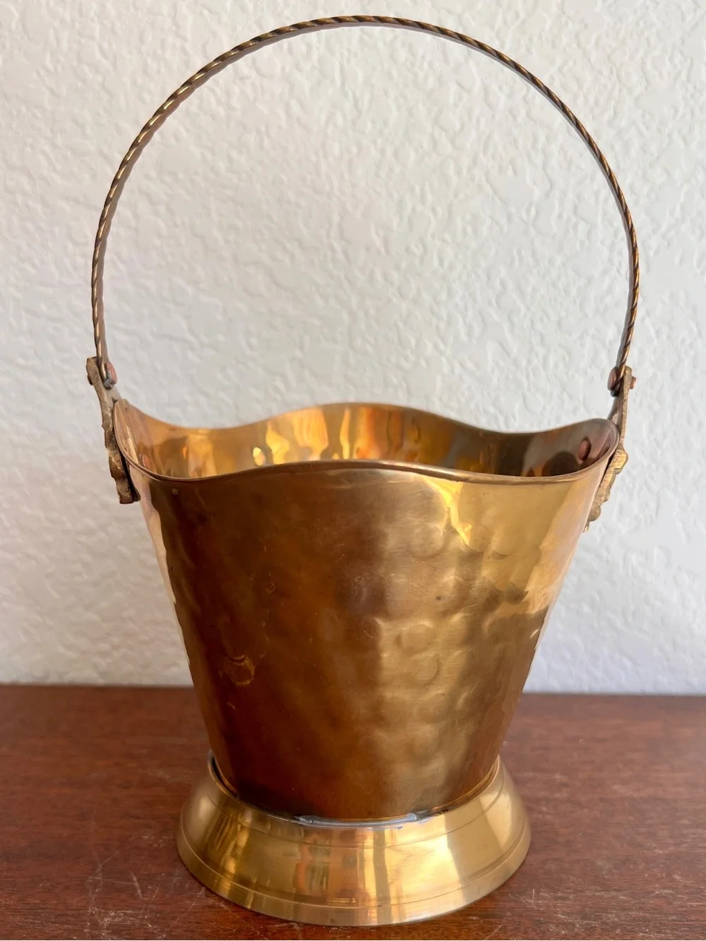 Pair of Solid Brass India Hammered Decorative Bucket Planter Basket Vintage